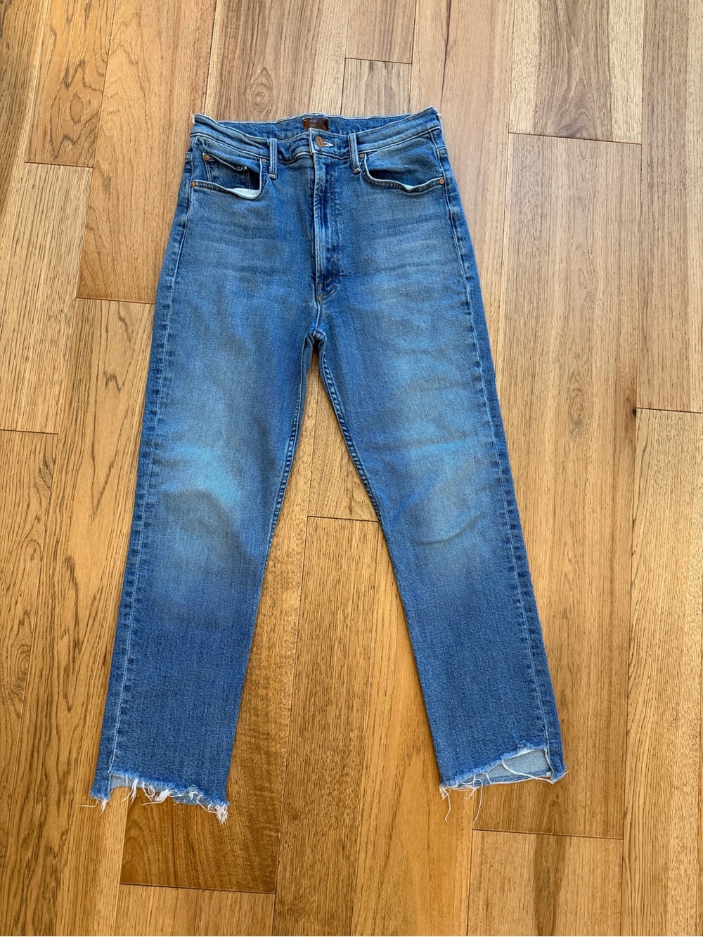 MOTHER Women's Cropped Straight Jeans in Medium Blue Denim with Frayed Hem